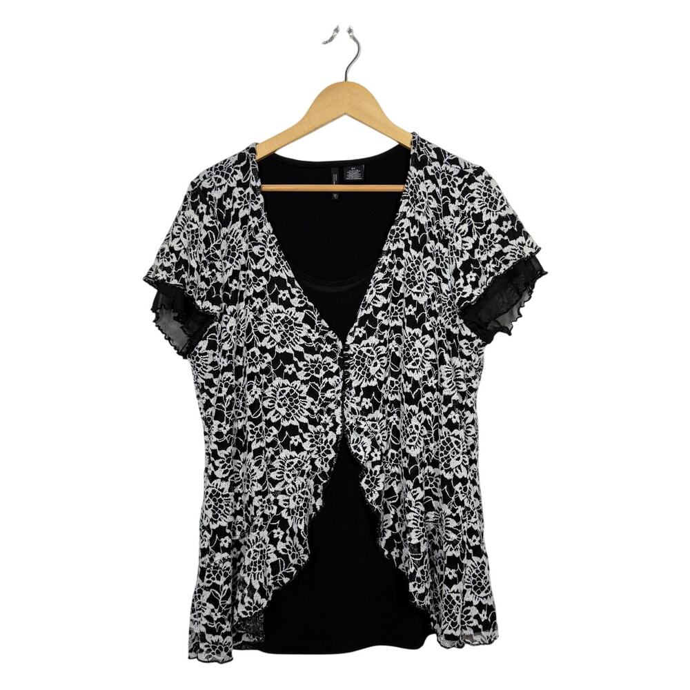 New Directions Layered Blouse 2X Black Floral Ruffle Whimsigoth Y2K Dark Fairy